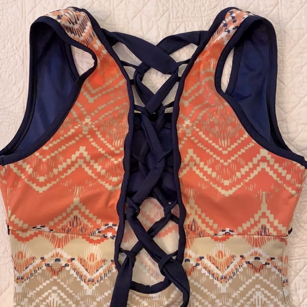 Emerald Sundae | Aztec Geo Print Lace-Up Back Boho Maxi Dress Coral/Navy Blue S - Picture 9 of 10